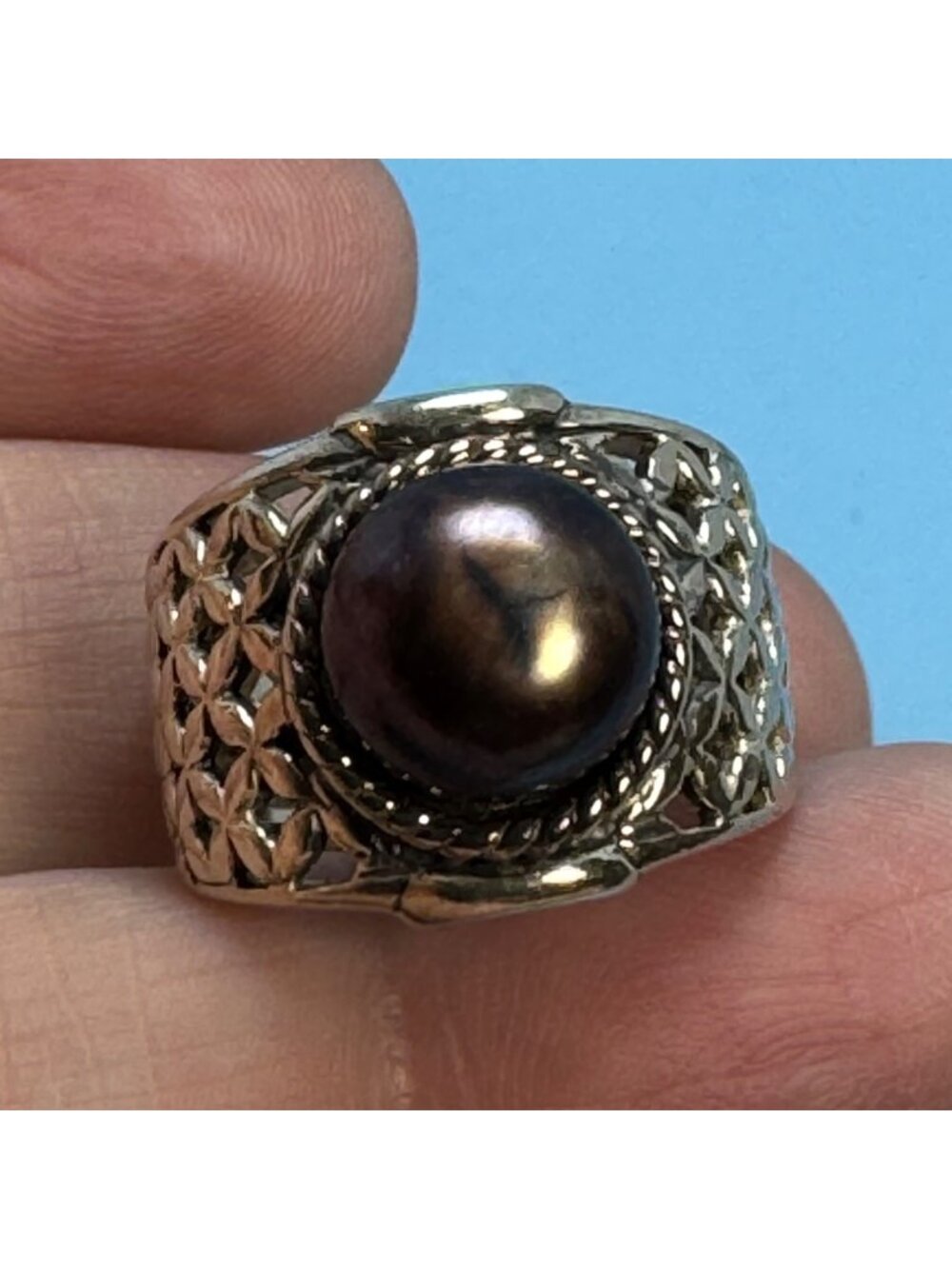 Black Cultured Freshwater Pearl & Sterling Silver 925 Lattice Design Ring Size 5